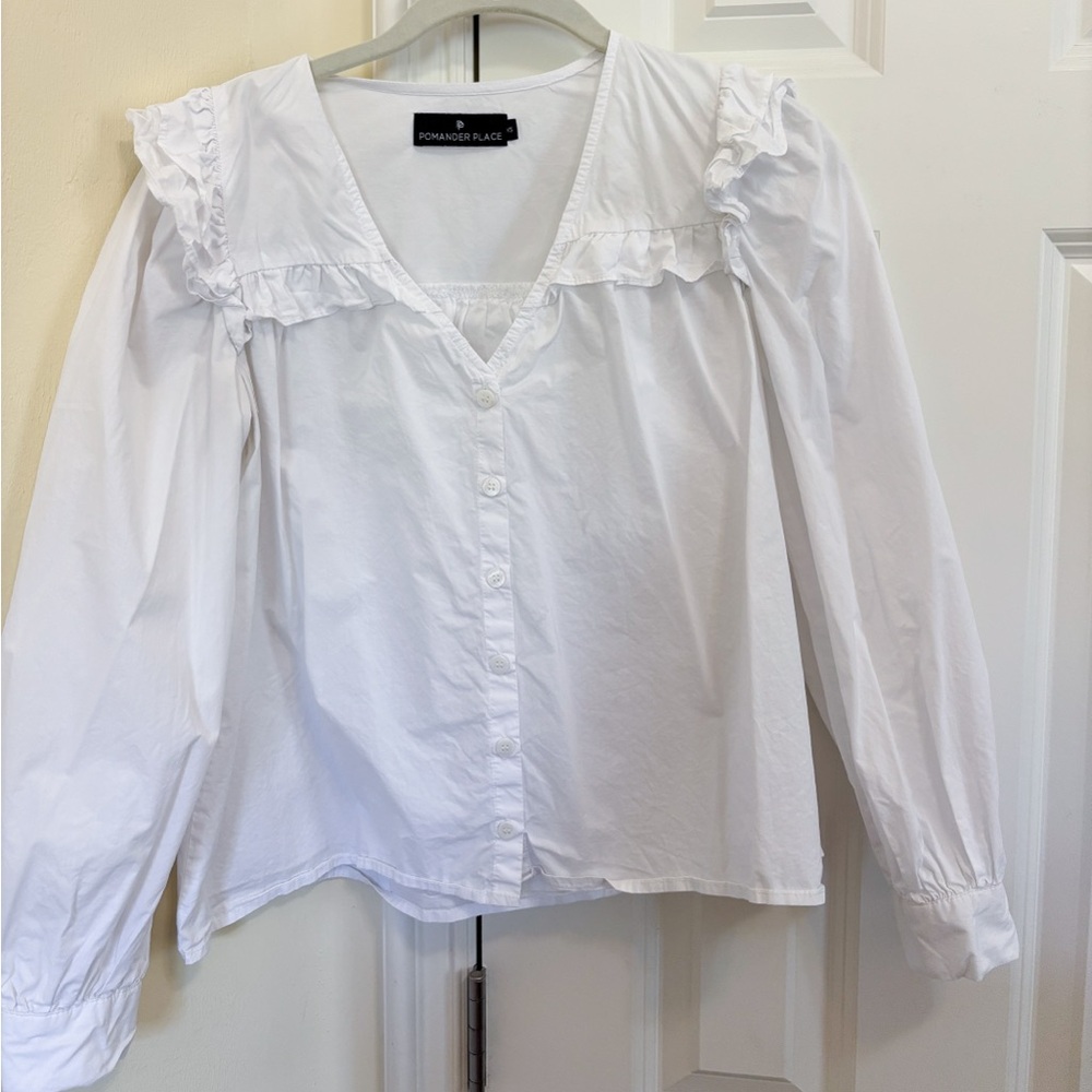 Pomander Place White Ruffle Blouse